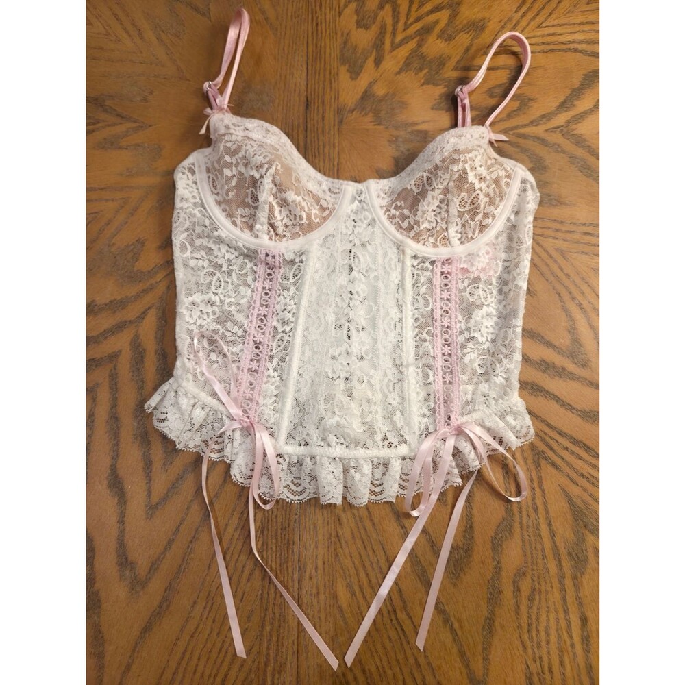 Edikted Nicolette White Lace Corset Top Pink Bows Coquette Size S